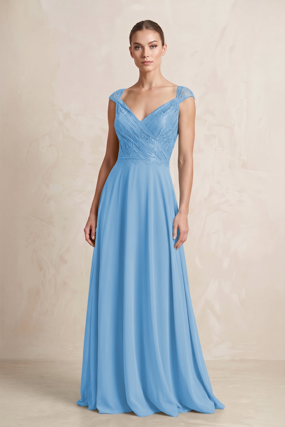 A-Line Chiffon V-Neck Pleated Bridesmaid Dress with Cap Sleeves in Steel Blue