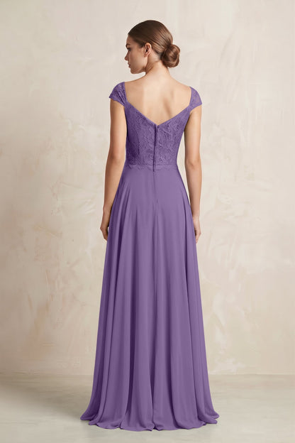 A-Line Chiffon V-Neck Pleated Bridesmaid Dress with Cap Sleeves in Tahiti