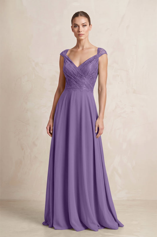 A-Line Chiffon V-Neck Pleated Bridesmaid Dress with Cap Sleeves in Tahiti