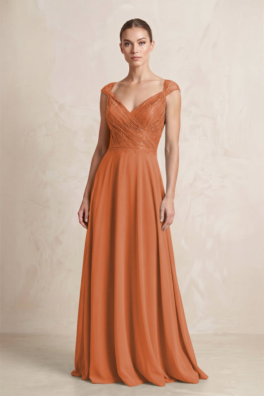 A-Line Chiffon V-Neck Pleated Bridesmaid Dress with Cap Sleeves in Terracotta