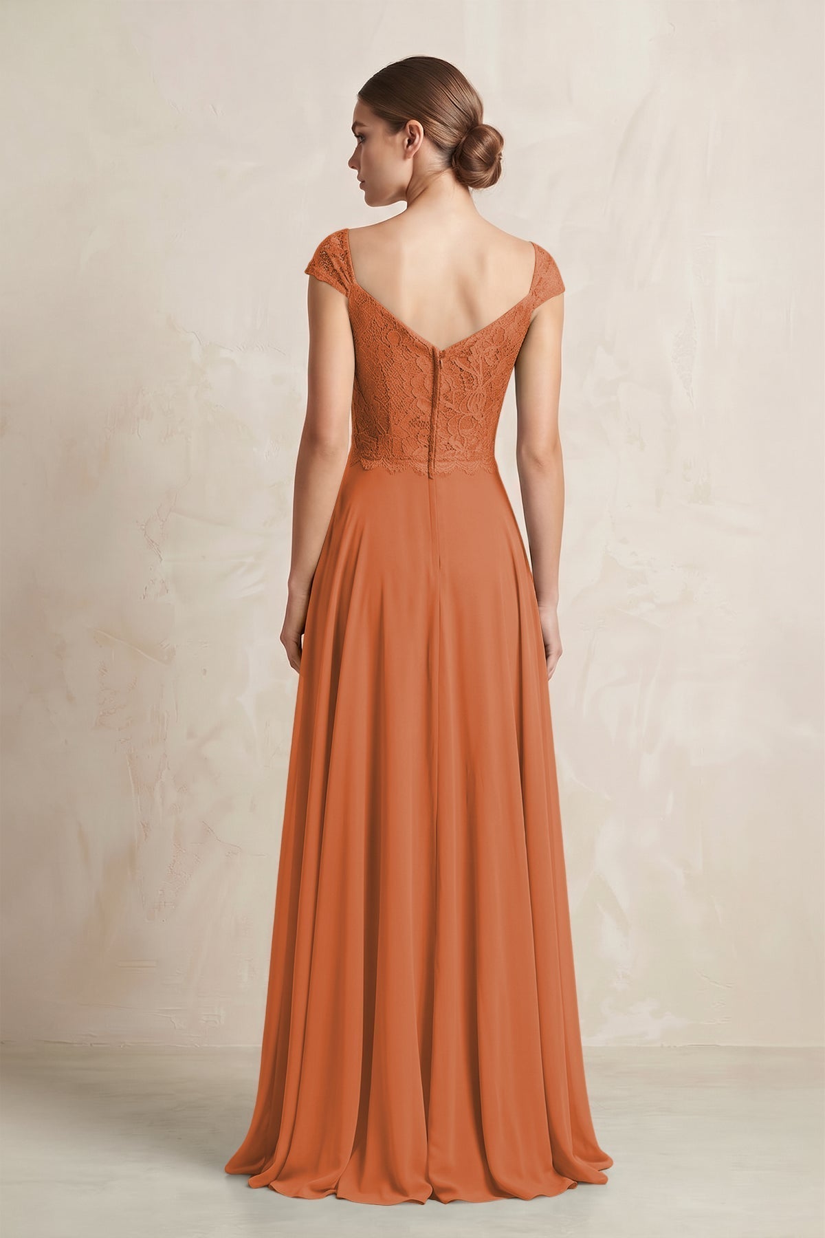 A-Line Chiffon V-Neck Pleated Bridesmaid Dress with Cap Sleeves in Terracotta