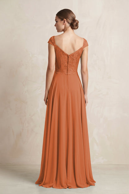 A-Line Chiffon V-Neck Pleated Bridesmaid Dress with Cap Sleeves in Terracotta