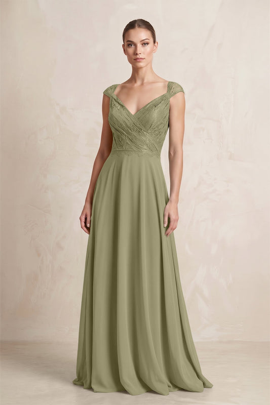 A-Line Chiffon V-Neck Pleated Bridesmaid Dress with Cap Sleeves in Thyme