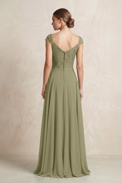 A-Line Chiffon V-Neck Pleated Bridesmaid Dress with Cap Sleeves in Thyme