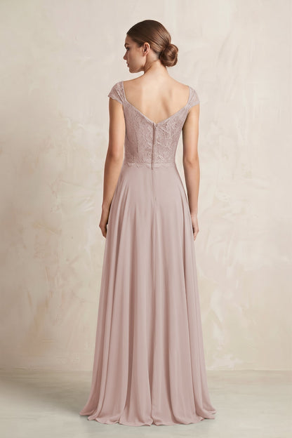A-Line Chiffon V-Neck Pleated Bridesmaid Dress with Cap Sleeves in Toffee