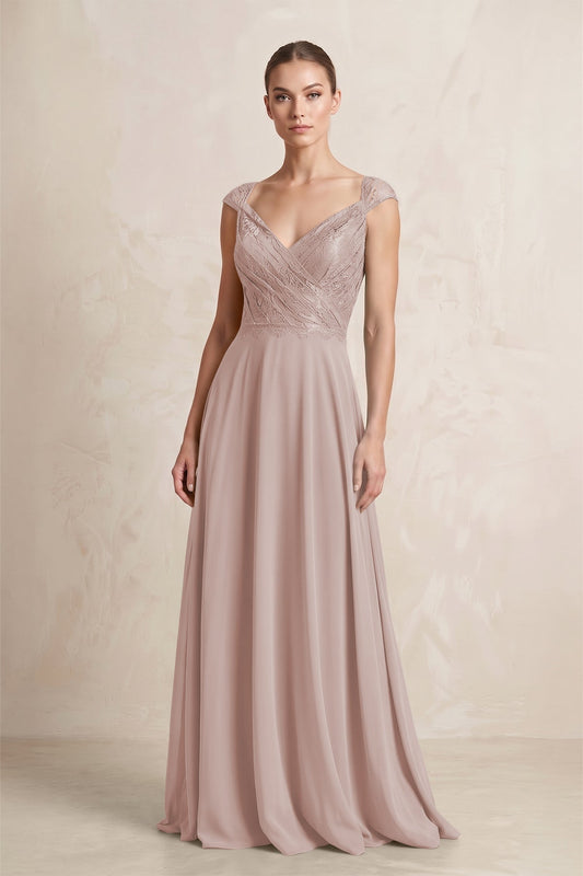 A-Line Chiffon V-Neck Pleated Bridesmaid Dress with Cap Sleeves in Toffee