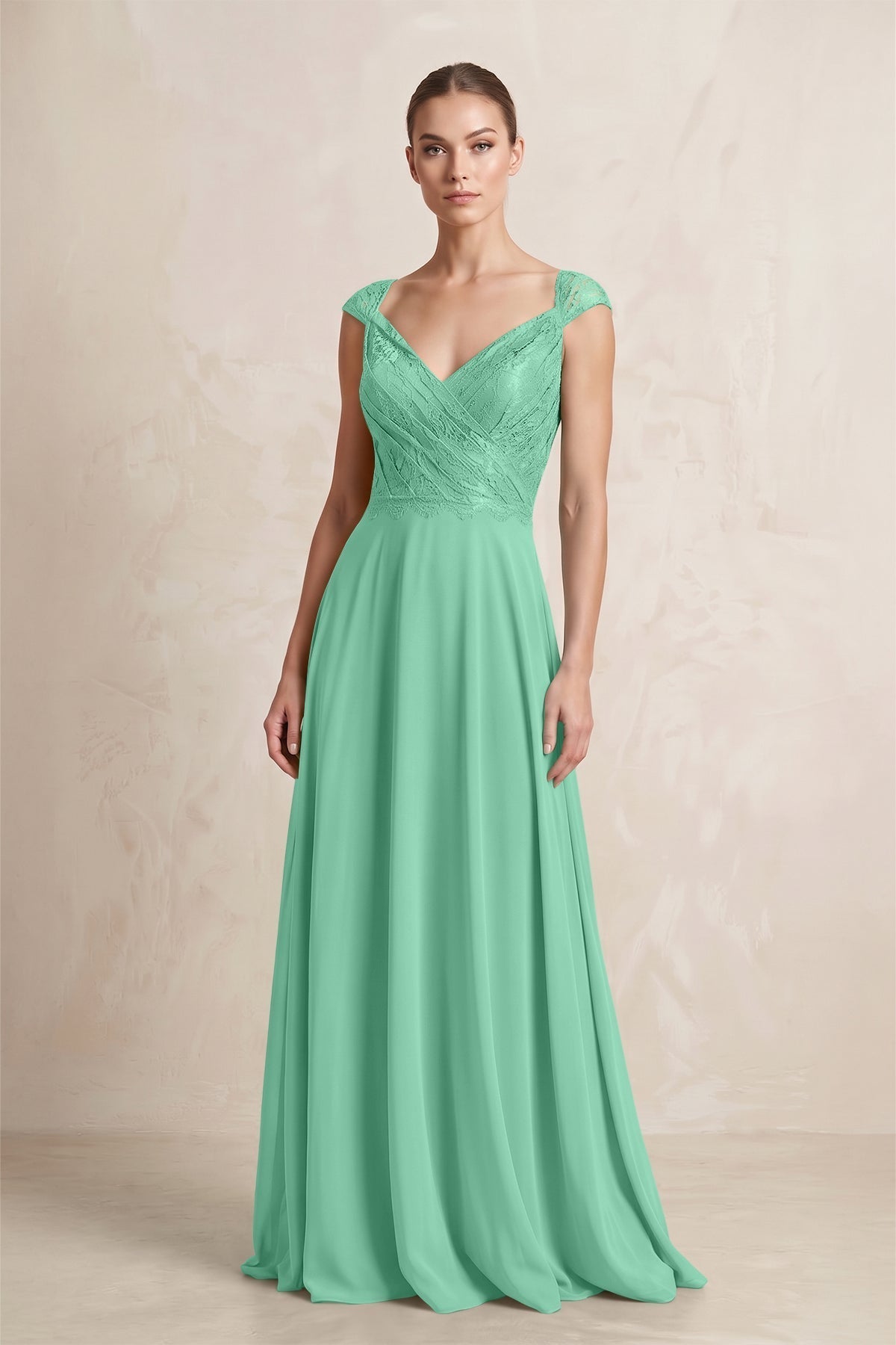 A-Line Chiffon V-Neck Pleated Bridesmaid Dress with Cap Sleeves in Turquoise
