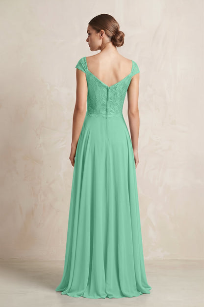 A-Line Chiffon V-Neck Pleated Bridesmaid Dress with Cap Sleeves in Turquoise