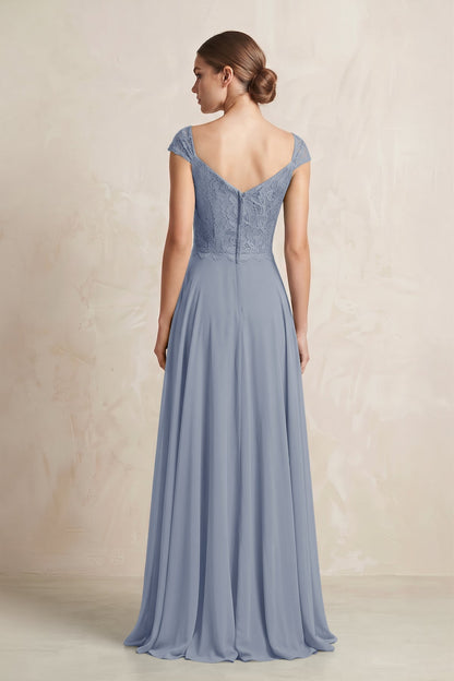A-Line Chiffon V-Neck Pleated Bridesmaid Dress with Cap Sleeves in Twilight