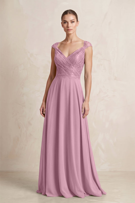 A-Line Chiffon V-Neck Pleated Bridesmaid Dress with Cap Sleeves in Vintage Mauve
