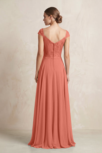 A-Line Chiffon V-Neck Pleated Bridesmaid Dress with Cap Sleeves in Wild Rose