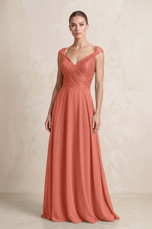 A-Line Chiffon V-Neck Pleated Bridesmaid Dress with Cap Sleeves in Wild Rose