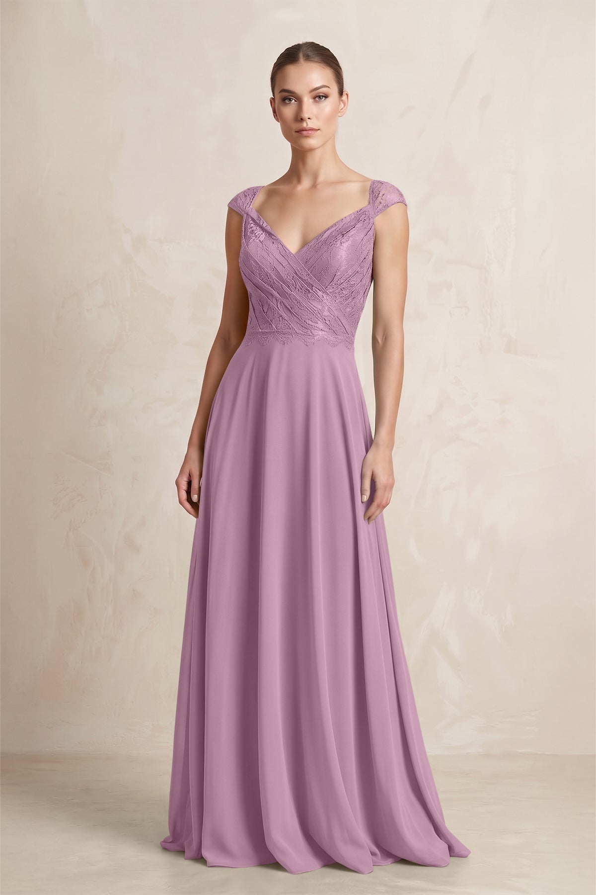 A-Line Chiffon V-Neck Pleated Bridesmaid Dress with Cap Sleeves in Wisteria