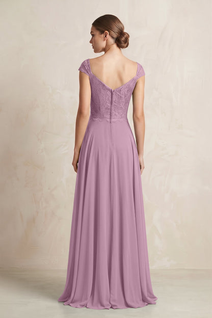 A-Line Chiffon V-Neck Pleated Bridesmaid Dress with Cap Sleeves in Wisteria