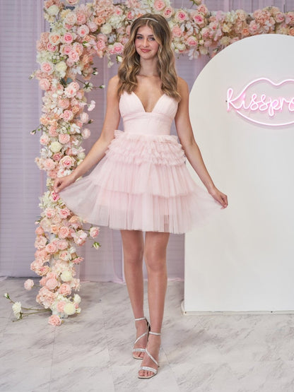 A-Line Deep V Neck Tiered Short Homecoming Dress
