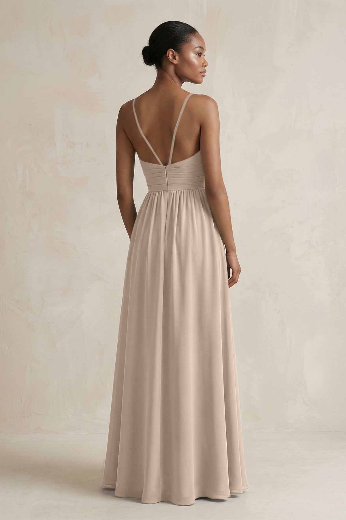 A-Line Halter Chiffon Ruched Bridesmaid Dress in Almond