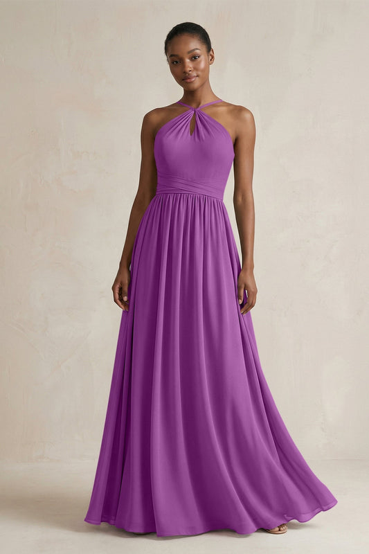 A-Line Halter Chiffon Ruched Bridesmaid Dress in Amethyst