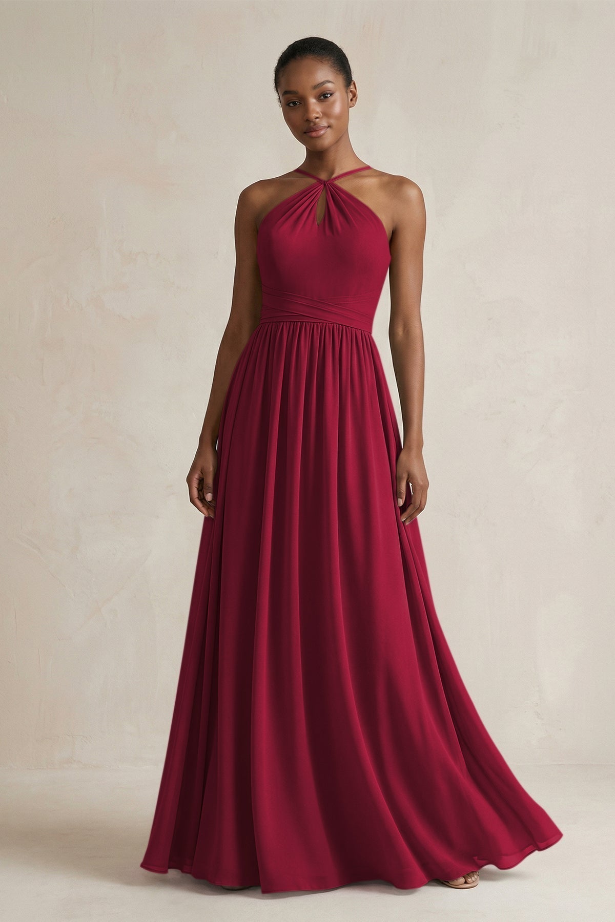 A-Line Halter Chiffon Ruched Bridesmaid Dress in Berry