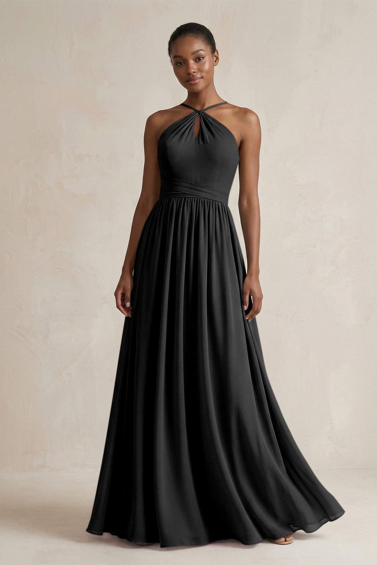 A-Line Halter Chiffon Ruched Bridesmaid Dress in Black