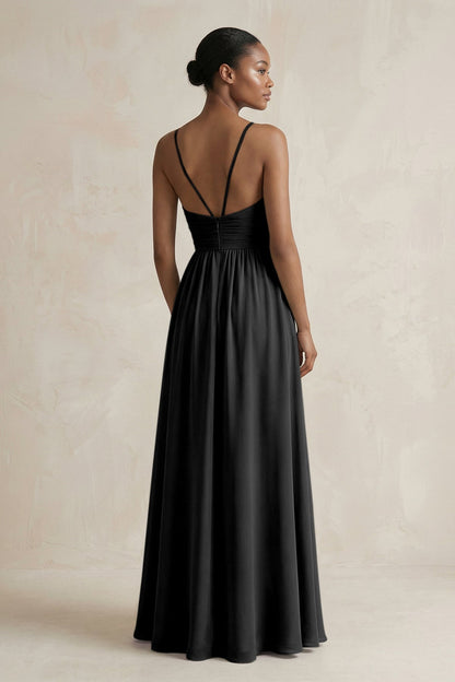 A-Line Halter Chiffon Ruched Bridesmaid Dress in Black