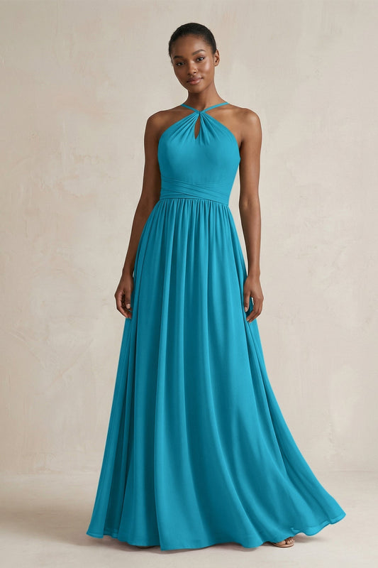 A-Line Halter Chiffon Ruched Bridesmaid Dress in Blue Jay