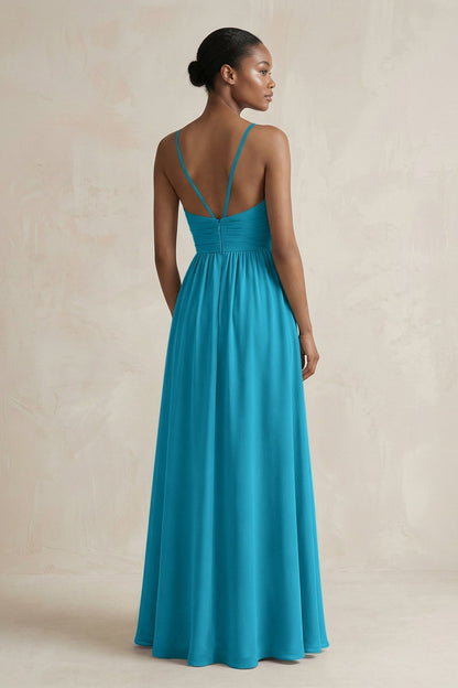 A-Line Halter Chiffon Ruched Bridesmaid Dress in Blue Jay