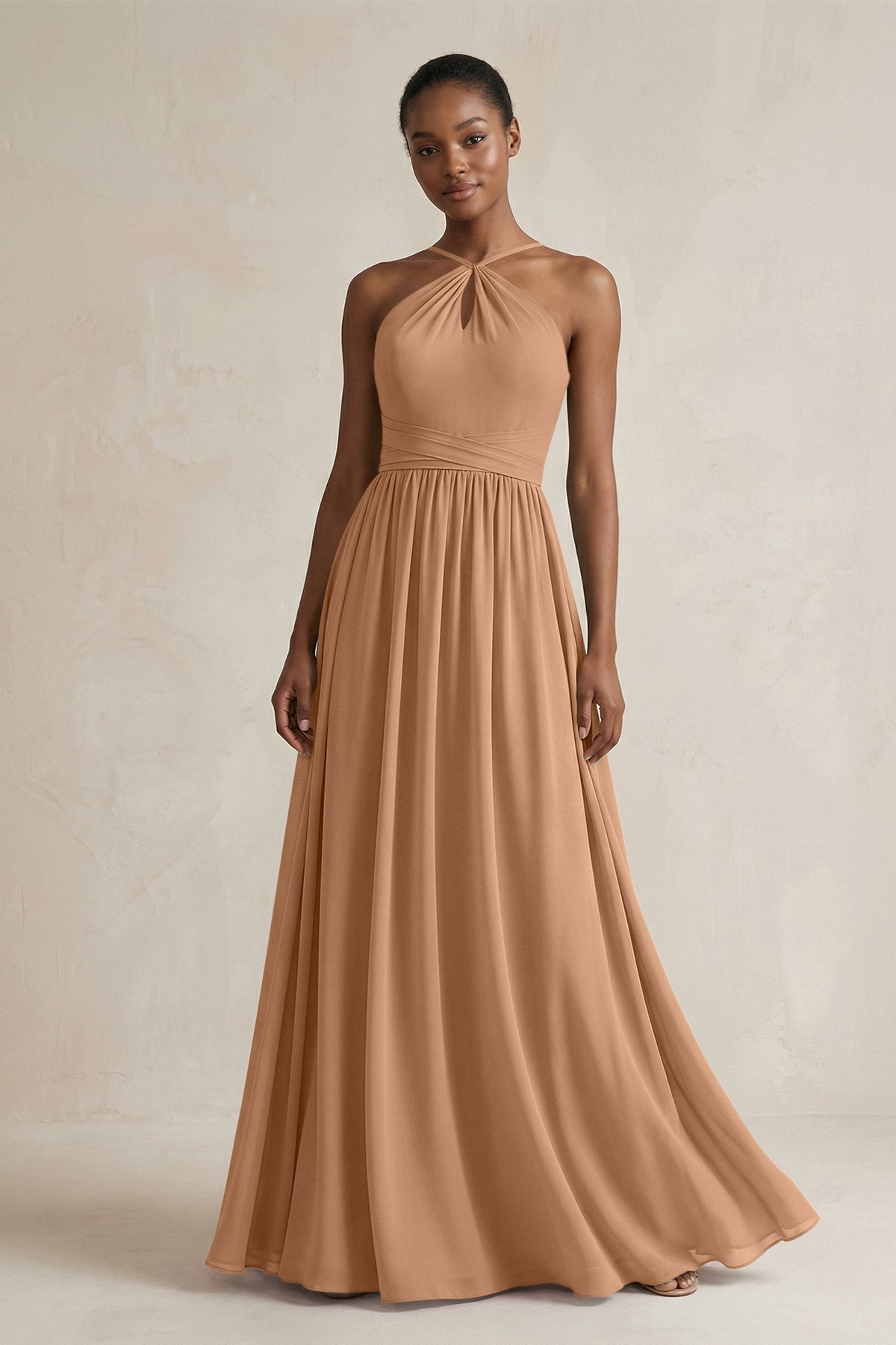 A-Line Halter Chiffon Ruched Bridesmaid Dress in Bronzer
