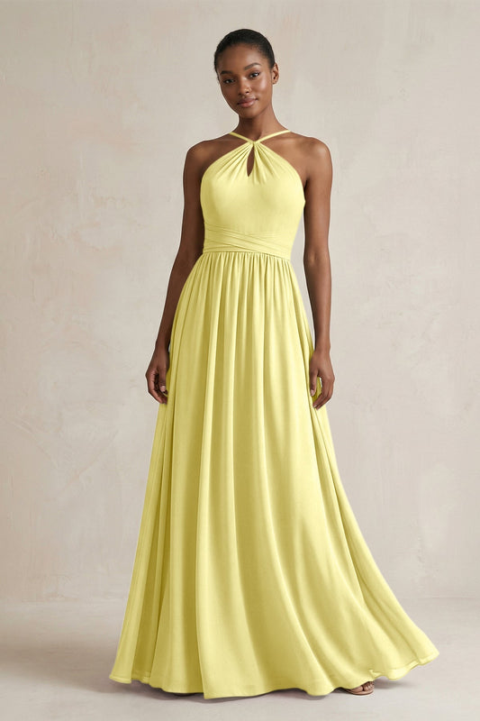 A-Line Halter Chiffon Ruched Bridesmaid Dress in Buttercup