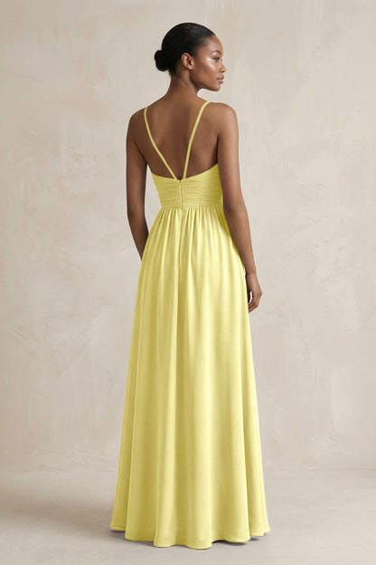A-Line Halter Chiffon Ruched Bridesmaid Dress in Buttercup