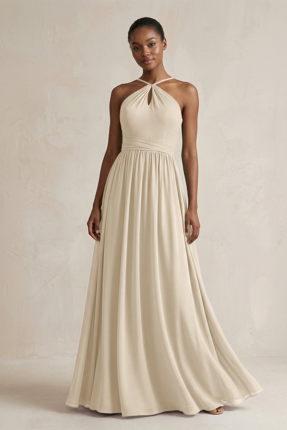 A-Line Halter Chiffon Ruched Bridesmaid Dress in Champagne
