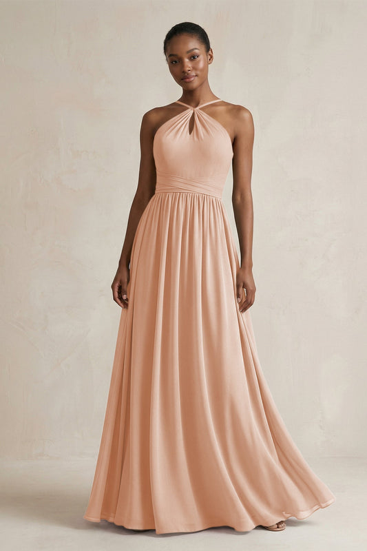 A-Line Halter Chiffon Ruched Bridesmaid Dress in Champagne Rose