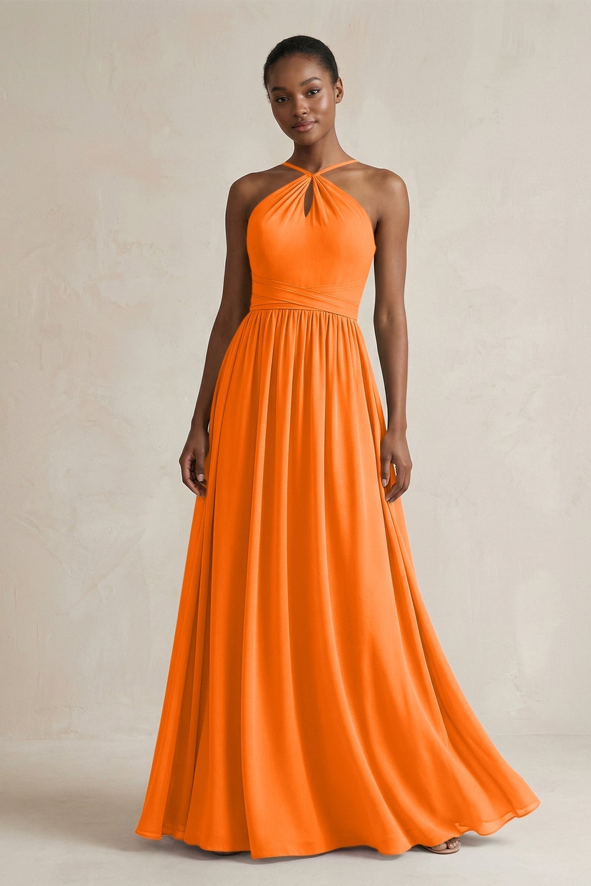 A-Line Halter Chiffon Ruched Bridesmaid Dress in Cinnamon