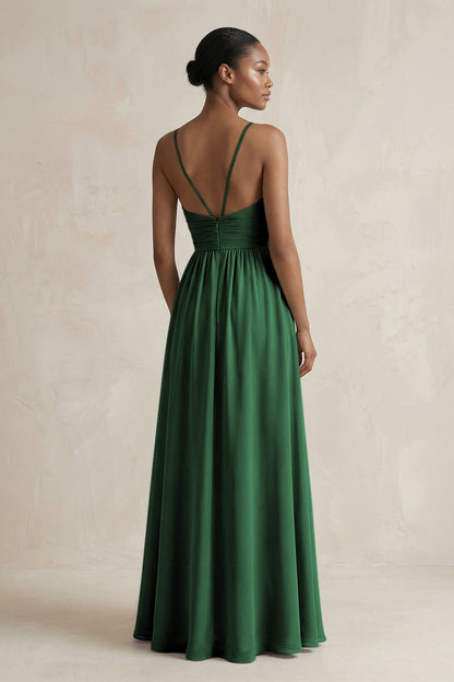 A-Line Halter Chiffon Ruched Bridesmaid Dress in Dark Green