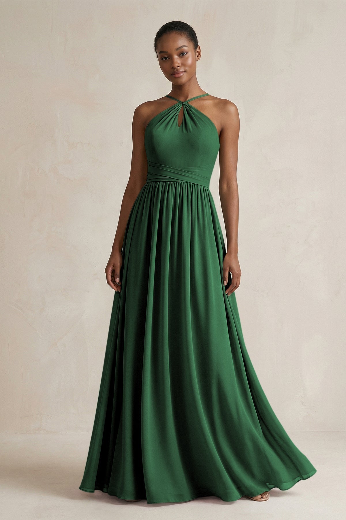 A-Line Halter Chiffon Ruched Bridesmaid Dress in Dark Green