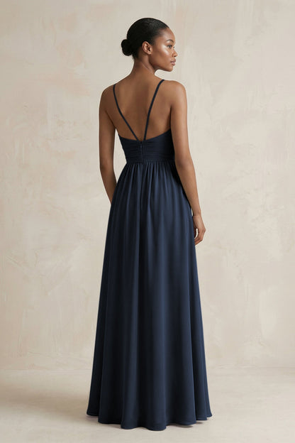 A-Line Halter Chiffon Ruched Bridesmaid Dress in Dark Navy