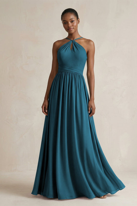 A-Line Halter Chiffon Ruched Bridesmaid Dress in Dark Teal