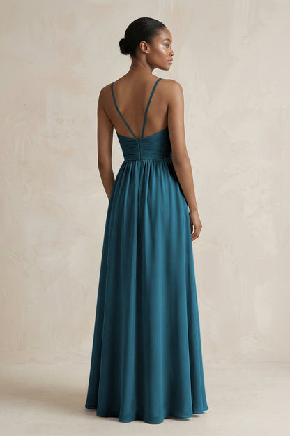 A-Line Halter Chiffon Ruched Bridesmaid Dress in Dark Teal