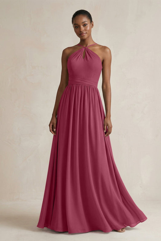 A-Line Halter Chiffon Ruched Bridesmaid Dress in Desert Rose