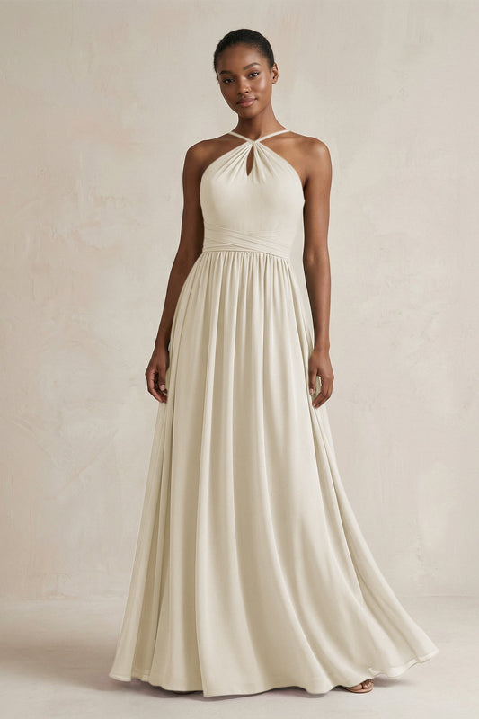 A-Line Halter Chiffon Ruched Bridesmaid Dress in Dove Gray