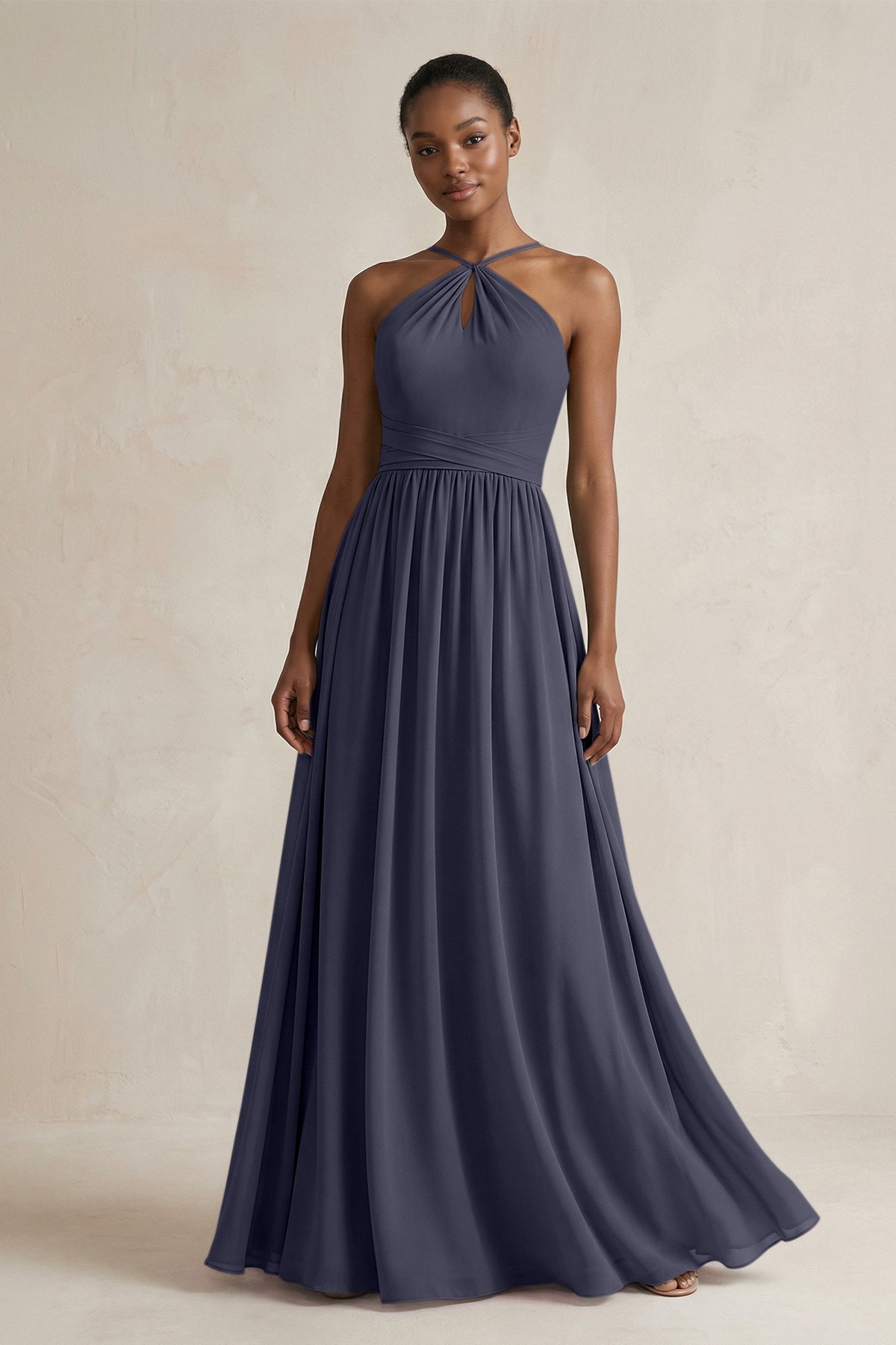 A-Line Halter Chiffon Ruched Bridesmaid Dress in Dusk Blue