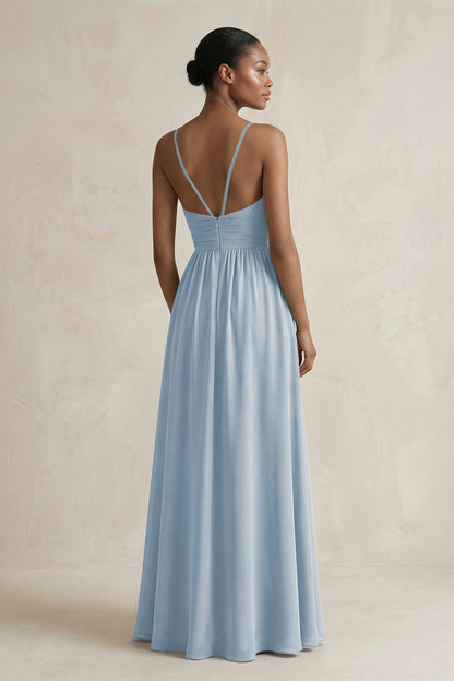 A-Line Halter Chiffon Ruched Bridesmaid Dress in Dusty Blue
