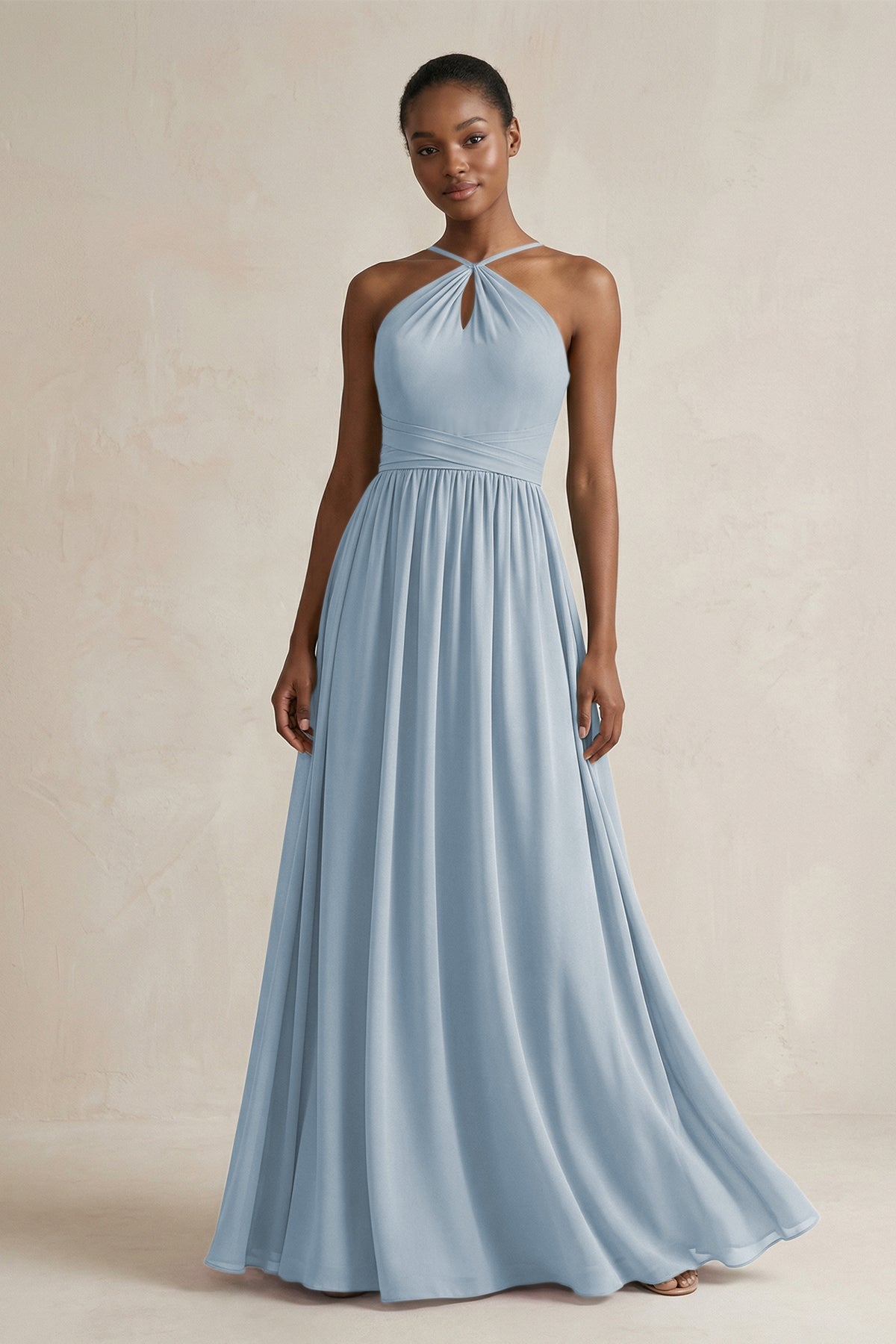 A-Line Halter Chiffon Ruched Bridesmaid Dress in Dusty Blue
