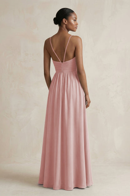 A-Line Halter Chiffon Ruched Bridesmaid Dress in Dusty Rose