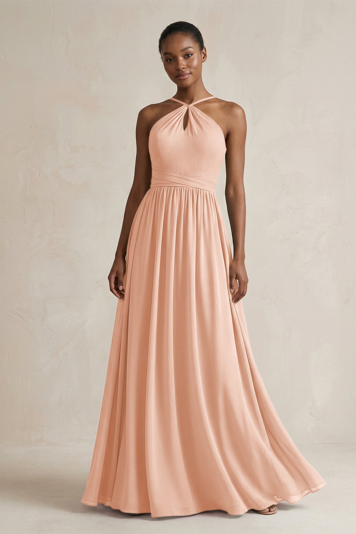 A-Line Halter Chiffon Ruched Bridesmaid Dress in English Rose