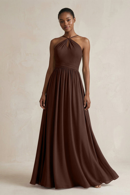 A-Line Halter Chiffon Ruched Bridesmaid Dress in Espresso