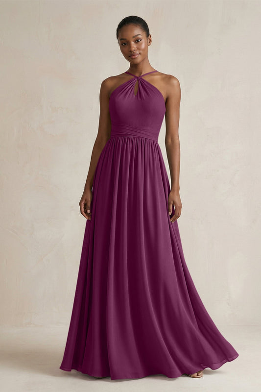 A-Line Halter Chiffon Ruched Bridesmaid Dress in Fig