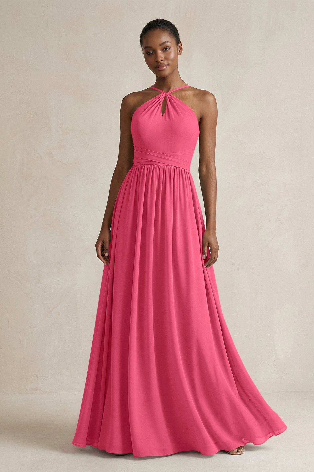 A-Line Halter Chiffon Ruched Bridesmaid Dress in Fuchsia