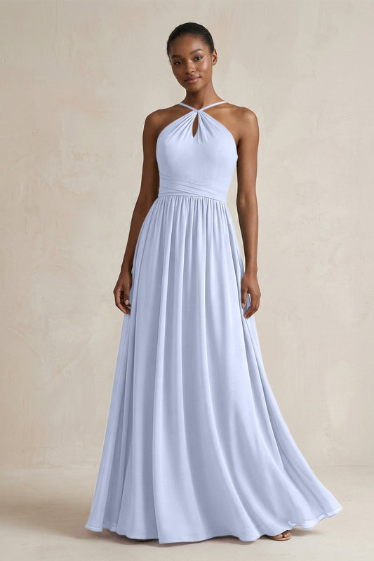 A-Line Halter Chiffon Ruched Bridesmaid Dress in Ice