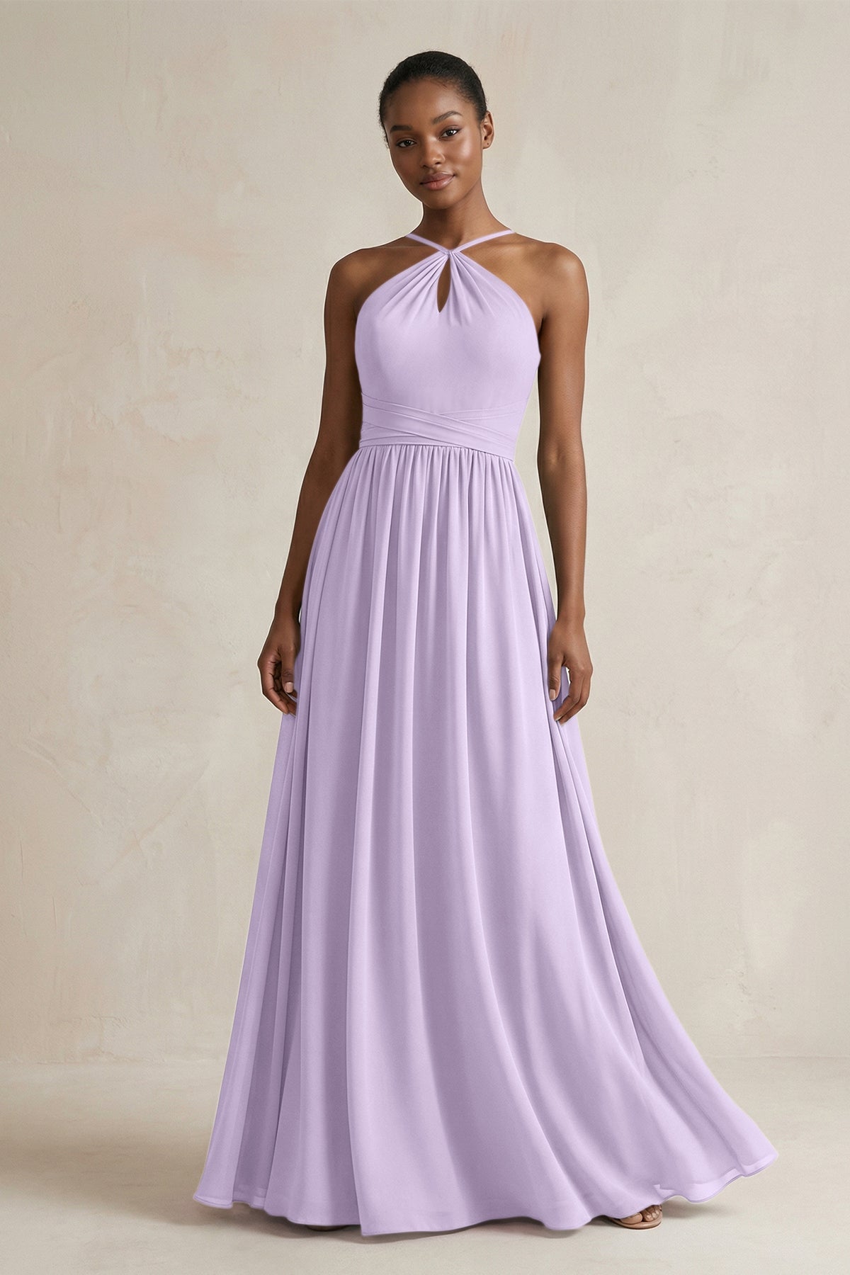 A-Line Halter Chiffon Ruched Bridesmaid Dress in Lavender