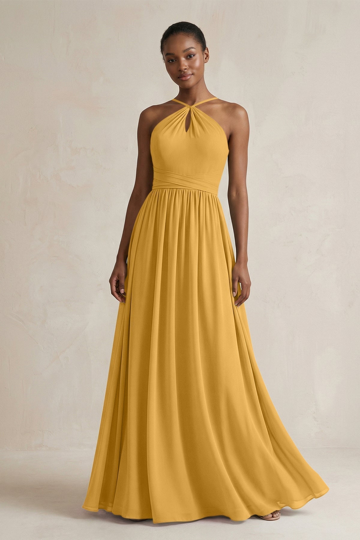 A-Line Halter Chiffon Ruched Bridesmaid Dress in Marigold